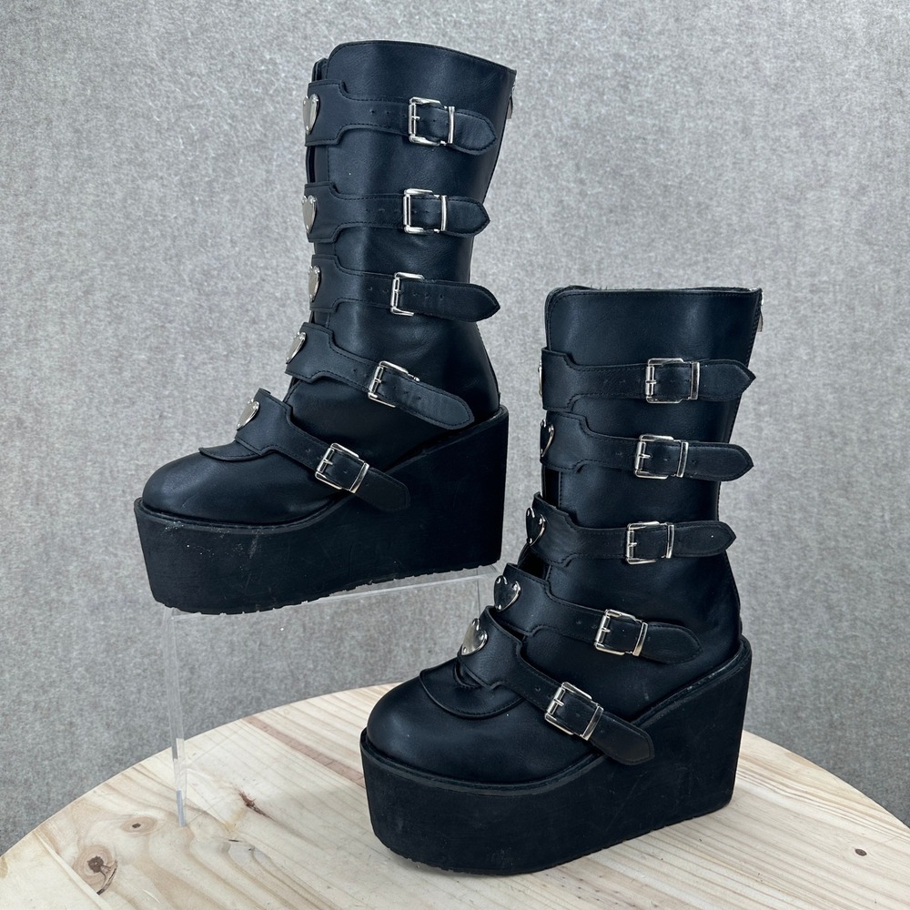 Swing 230 Platform Pleaser Boots Womens 9 Black Heart Buckle Mid-Calf Wedge